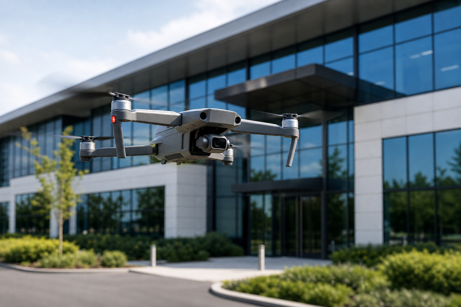 Flying DJI Mavic-style drone in front of a commercial property